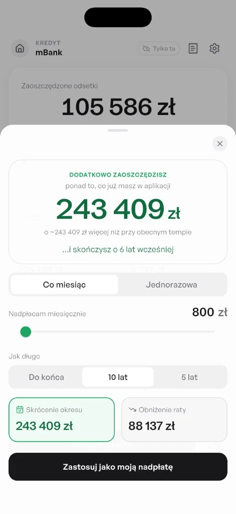 Mój Kredyt: symulacja nadpłaty - rata, okres lub dodatkowa kwota