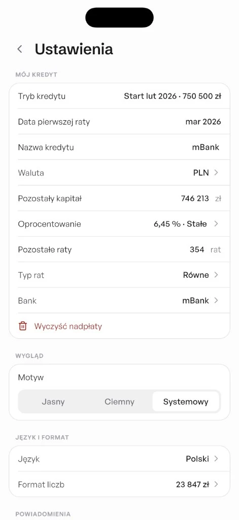 Mój Kredyt: ustawienia prywatności, motyw i język - dane lokalnie na telefonie